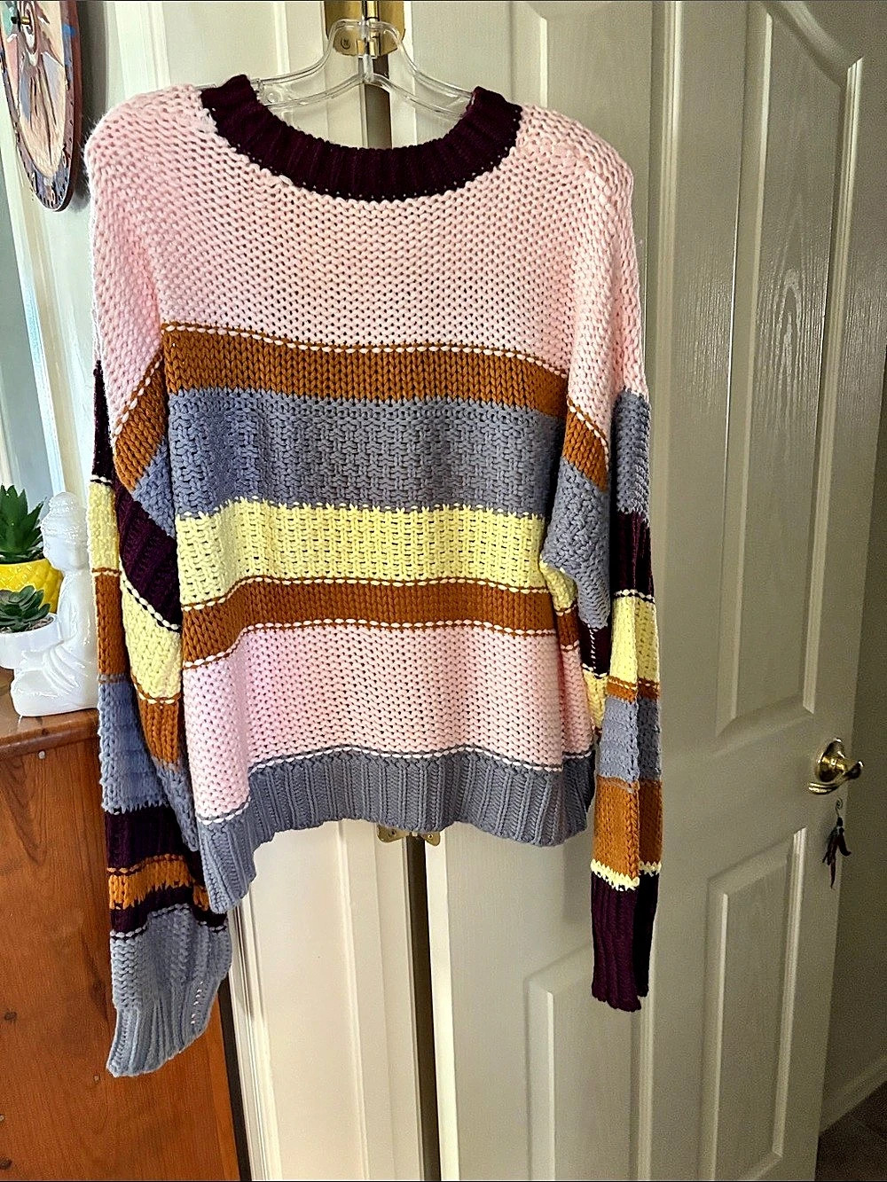 Striped Crewneck Sweater in Pink & Gray Like New